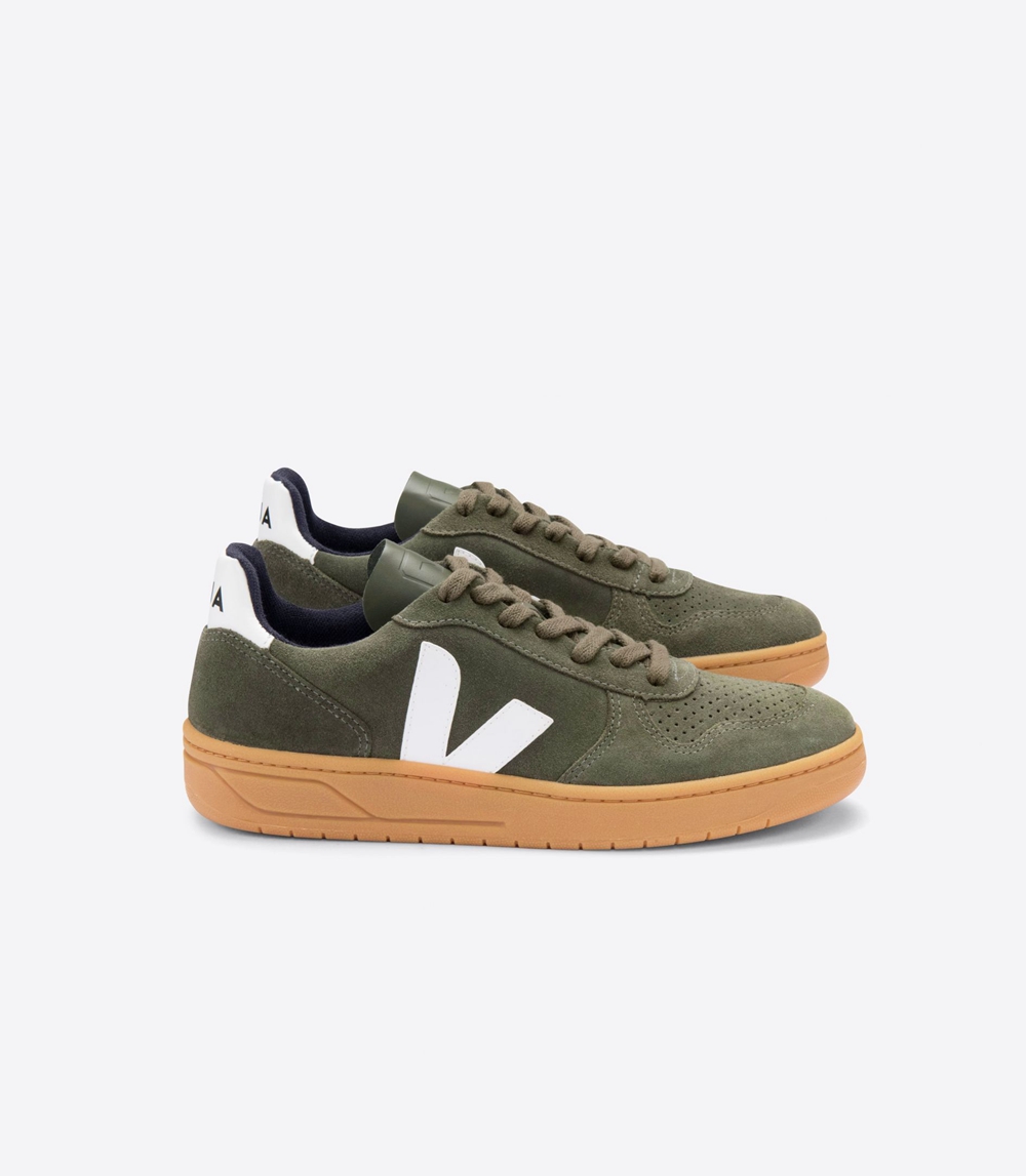 Veja V-10 スエード メンズ Vegan Sneakers オリーブ 白 | CDQE-57362