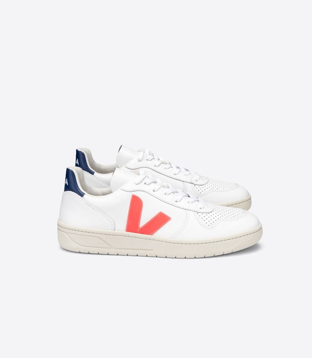 Veja V-10 レザー レディース Vegan Sneakers 白 ネイビー | QFRC-85173