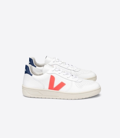 Veja V-10 レザー メンズ Vegan Sneakers 白 ネイビー | KYRQ-16529