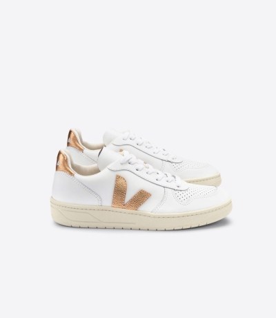 Veja V-10 レザー レディース Vegan Sneakers 白 ゴールド | PIKL-57943