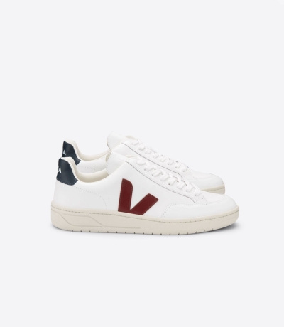 Veja V-12 レザー メンズ ランニングシューズ 白 ネイビー | FHDJ-72134